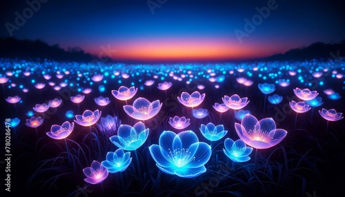 A close view of a field of flowers that emit a natural luminescence in the twilight.