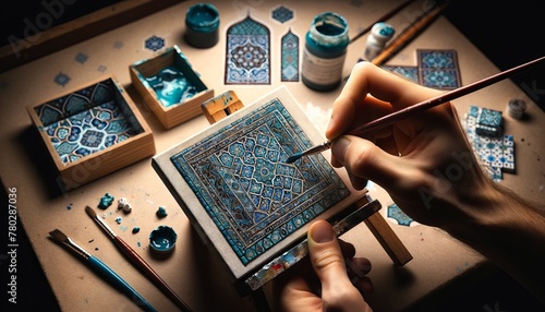 A close-up image of an artist's hand painting a miniature version of the intricate blue and turquoise tilework patterns on a small canvas.