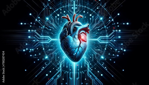 A human heart intertwined with digital circuits and pulses of blue light, representing the fusion of biology and technology.