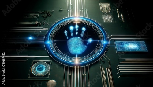 A handprint interface on a futuristic control panel with similar blue and cyan light effects as the previous image.