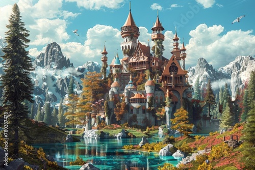An enchanted magical kingdom Complete with towering castles and mysterious creatures.