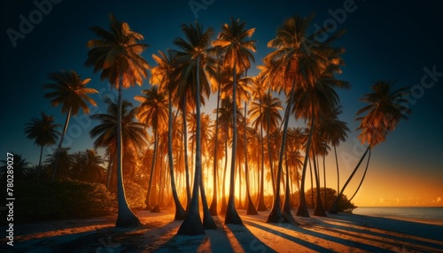 A cluster of palm trees with their trunks illuminated by golden hour sunlight, with a deep blue sky transitioning to dusk.