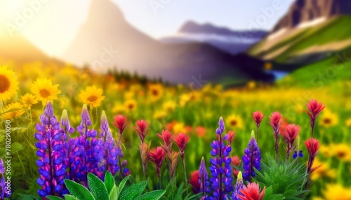 A tranquil scene of a mountain meadow in early morning light, with a close-up of colorful wildflowers such as purple lupines, red Indian paintbrushes.