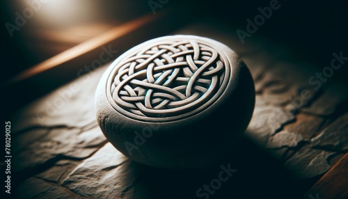 A detailed close-up image of an intricate Celtic knot carved into the surface of a stone.
