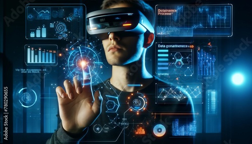 An individual wearing augmented reality glasses, reaching out to touch virtual screens with data structures, highlighting the visualization of data.