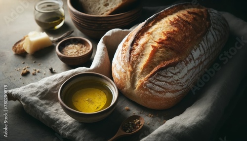 A close-up image of freshly-baked bread loaves with a golden crust, accompanied by a bowl of olive oil and balsamic vinegar for dipping.