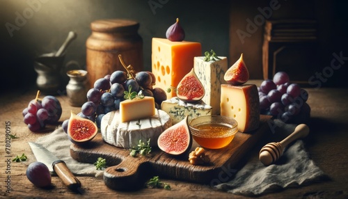 An array of artisanal cheeses with a sprig of grapes, figs, and a drizzle of honey on a wooden cutting board, exemplifying gourmet delicacies.
