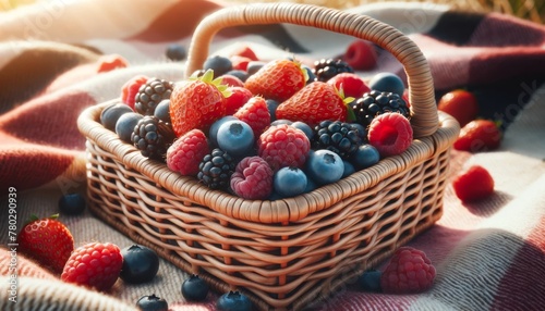 A close-up image of assorted fresh berries—strawberries, blueberries, raspberries—arranged in a handwoven basket on a picnic blanket.