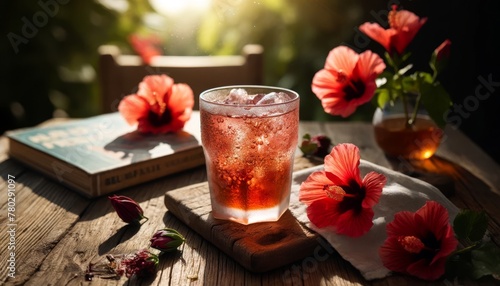 A frosty glass of iced hibiscus tea, with droplets of condensation on the outside, surrounded by hibiscus flowers on a warm summer afternoon backdrop.