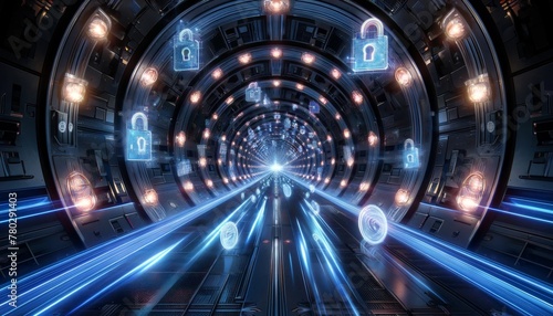 An encrypted tunnel in cyberspace, showing data packets moving securely, shielded by glowing locks and keys.