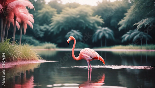 Pink flamingo wearing summer. Summer background. Generative ai 