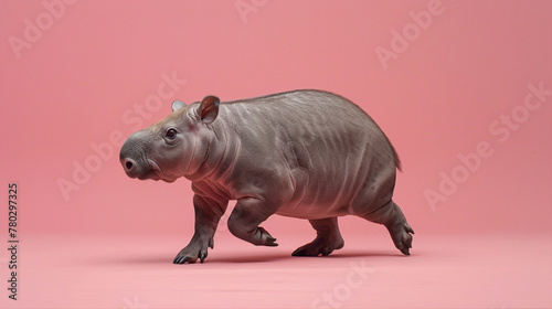 a Tapir Trotting, studio shot, against solid color background, hyperrealistic photography, blank space for writing