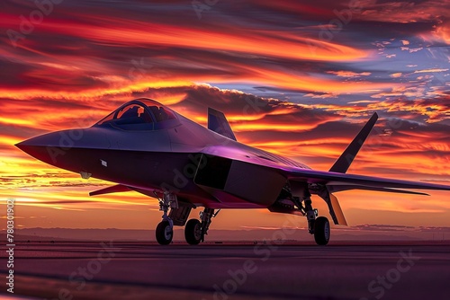Vibrant hues of a sunset complementing the dynamic shape of a fighter jet , Futuristic , Cyberpunk