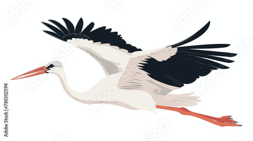 Cartoon cute white stork flyimg on white background 
