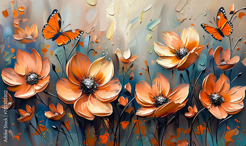 Vibrant Floral Tapestry with Radiant Blooms and Fiery Butterfly