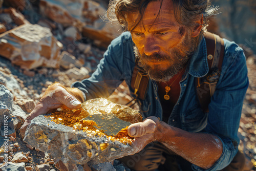 Male gold miner holding a large gold nugget excavated from a remote desert location, treasure hunter