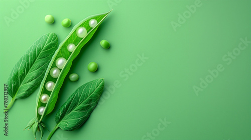 Minimal food idea with open green pod with pearls inside against a solid light green background. Web banner with empty space for text. Flat lay