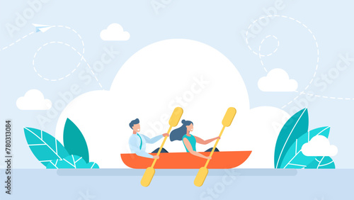 Man and woman rowing a boat. Business man and woman collaborate on tasks. Couple in a canoe rowing oars along the river. Vector cartoon funny illustration