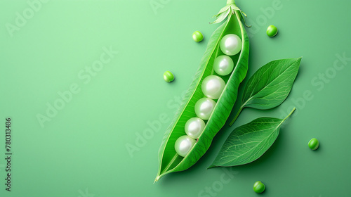 Open green pod with pearls inside against a solid light green background. Web banner with empty space for text. Flat lay. Minimal food concept
