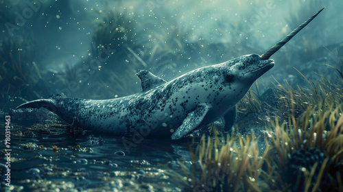closeup of a Narwhal sitting calmly, hyperrealistic animal photography, copy space for writing