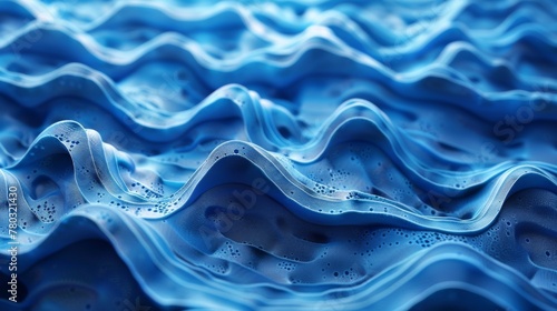 The image is of a blue wave with a lot of water droplets on it. Scene is calm and serene, as the water droplets create a sense of movement and fluidity