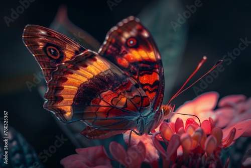 vivid butterfly alights on blooming flowers, a dance of colors in nature's canvas 