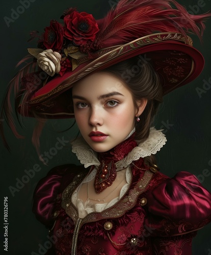 Młoda dziewczyna w czerwonym kapeluszu w stylu barokowym