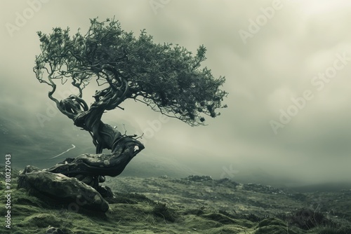 Solitary Tree Bent by Wind on a Moody Overcast Hillside 
