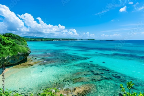 Tropical island with sandy beaches, crystal-clear turquoise waters, and a vibrant sky