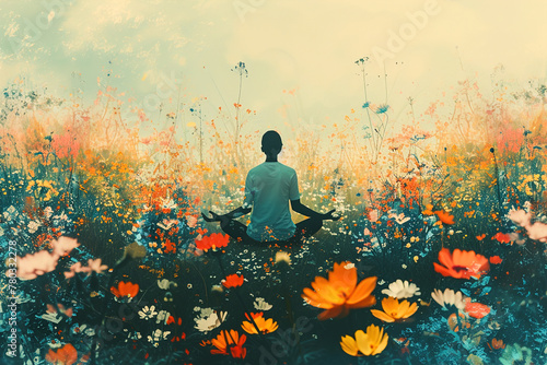 A digital illustration of a person meditating amidst a field of flowers, visualizing each bloom representing a worry, improved mental health.