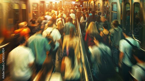 Blurred motion of an overcrowded subway station indicating city life and overpopulation challenges