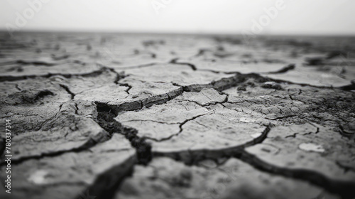 Monochrome close-up of desiccated soil portraying severe drought conditions
