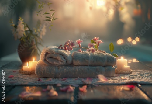 Cinematic closeup shot of a spa setting with towels, candles, and spa flowers against a blurred background