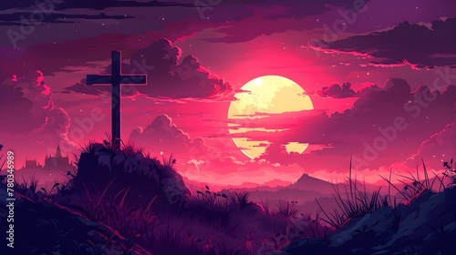 Good Friday Banner Featuring a Cross on a Hill at Sunset