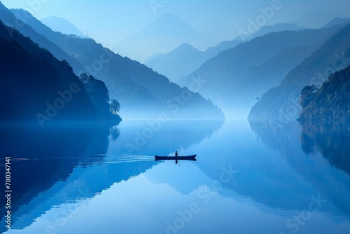 Paddleboarder on a crystal-clear lake at dawn, Lone boatman traverses glassy waters amidst layered hills shrouded in mist, a scene of tranquil blues evoking serene solitude.
