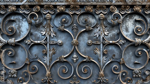 Wrought iron fence with a floral pattern. Weathered metal texture with a dark blue background.