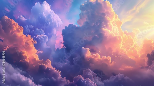 A beautiful dreamscape of fluffy cloudscape with a pop of setting sun peeking through.