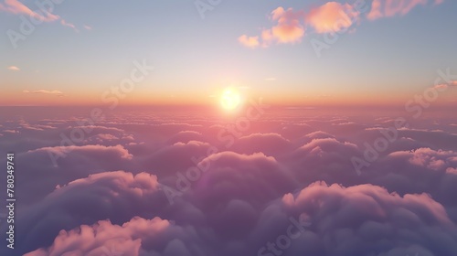 A beautiful sunset over a sea of clouds. The warm colors of the sky and the soft, pillowy clouds create a peaceful and serene scene.
