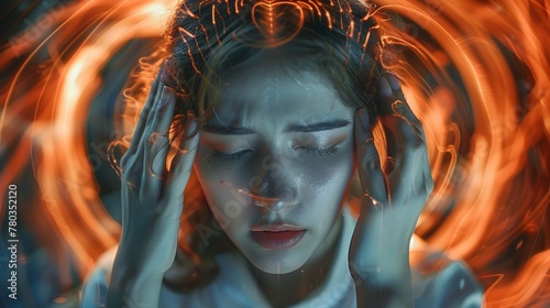 Vertigo Illness Concept with Woman Experiencing Dizziness,Headache,and Sense of Spinning in Surreal,Psychedelic