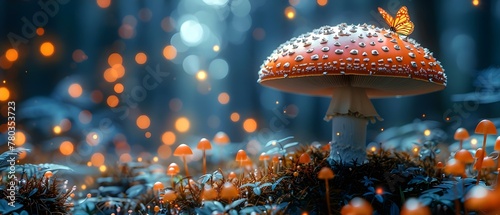 Enchanted forest with magical mushrooms butterflies moon and glowing fly agarics. Concept Enchanted Forest, Magical Mushrooms, Butterflies, Moonlit Scenes, Glowing Fly Agarics