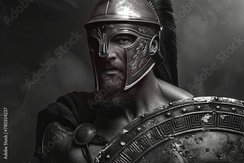 Spartan warrior portrait. With a shield and sword. High contrast black and white photo