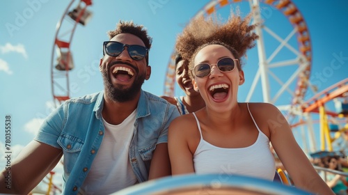 extreme fun types of entertainment in a theme park for people who love Adrenaline. happy beautiful black couple laughing. close up portrait of emotional people