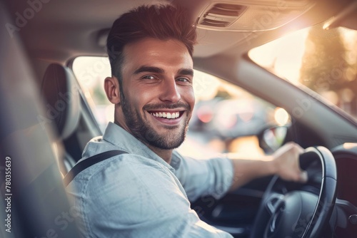 Handsome young man is driving a car and smiling driving a car with a clear view of the city through the window. showcasing safe driving with a seatbelt