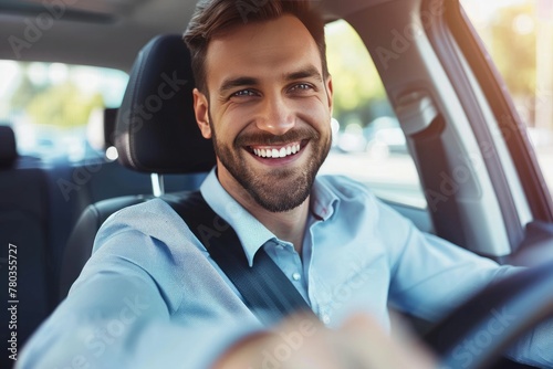 Handsome young man is driving a car and smiling driving a car with a clear view of the city through the window. showcasing safe driving with a seatbelt