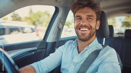 Handsome young man is driving a car and smiling driving a car with a clear view of the city through the window. showcasing safe driving with a seatbelt