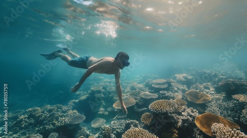 a man in fins and swimming goggles dives into the sea to view coral reefs during vacation. Tourist having fun in the sea near the hotel