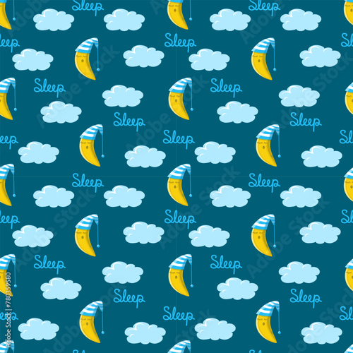 Children is seamless vector pattern with sleeping moon in a night hat , among the clouds and the inscription sleeping.