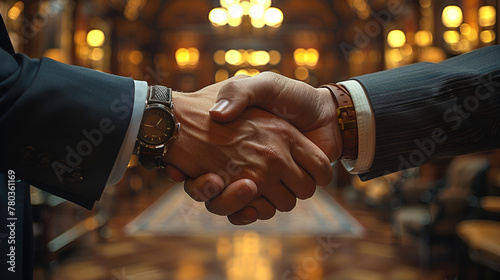 Close-up shot of a businessman's hand meeting the hand of his attorney in a strong, confident handshake, solidifying their commitment to a crucial contract
