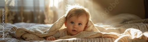 A curious baby peeking out from under a blanket in a sunlit room