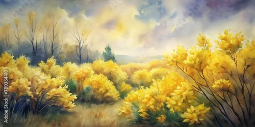 Beautiful Forsythias Landscape painted with watercolor, Forsythias Watercolor, Spring Watercolor flowers, Spring Background